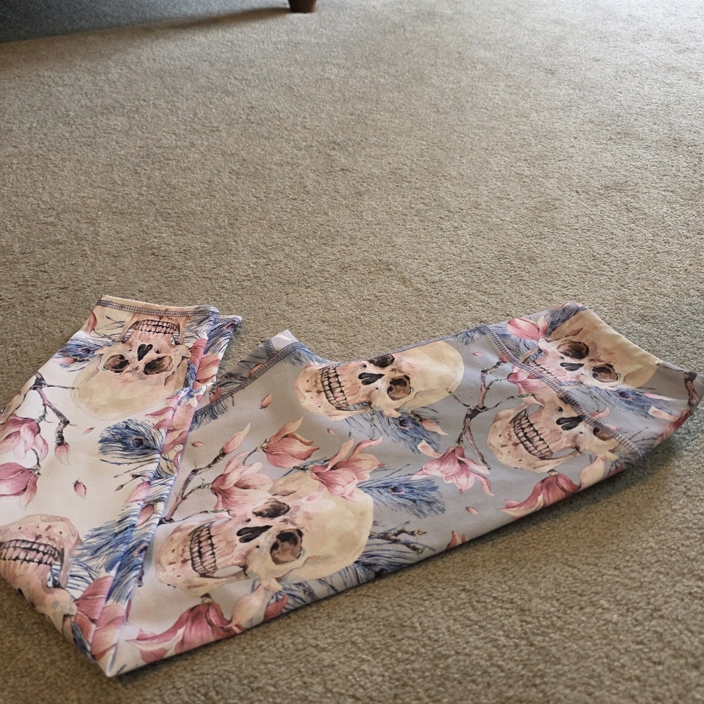 Evolution and Creation Floral Skull Leggings — Pink & Blue Accents